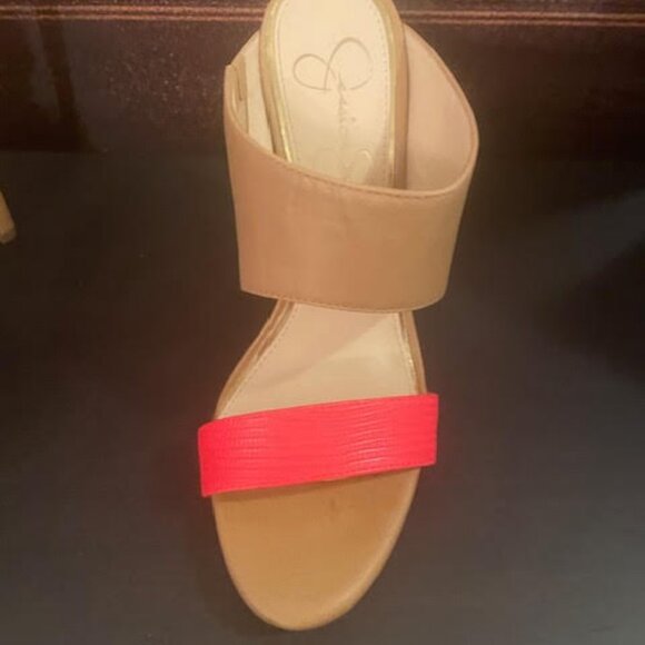 Jessica Simpson tan and neon coral stilettos - Picture 8 of 12